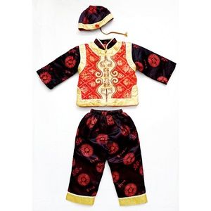 3Pc Asian Cultural Brocade Top Bottom Hat Set 4yrs